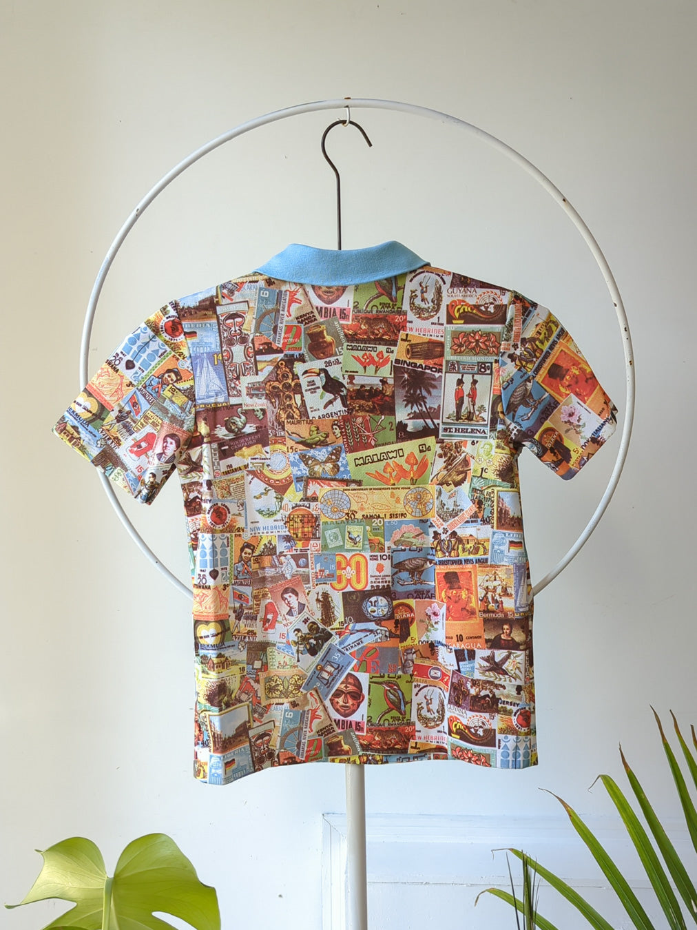 70s Stamp Collage Print Polo Tee / XS-S