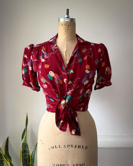 70s Cranberry Novelty Balloon Print Crepe Puff Sleeve Blouse / S