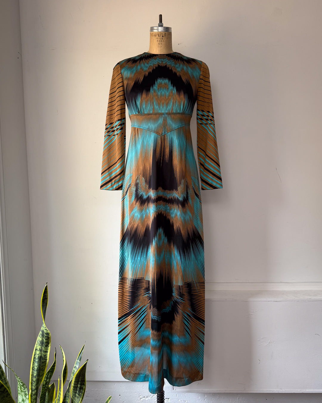 70s Optical Print Maxi Dress / S