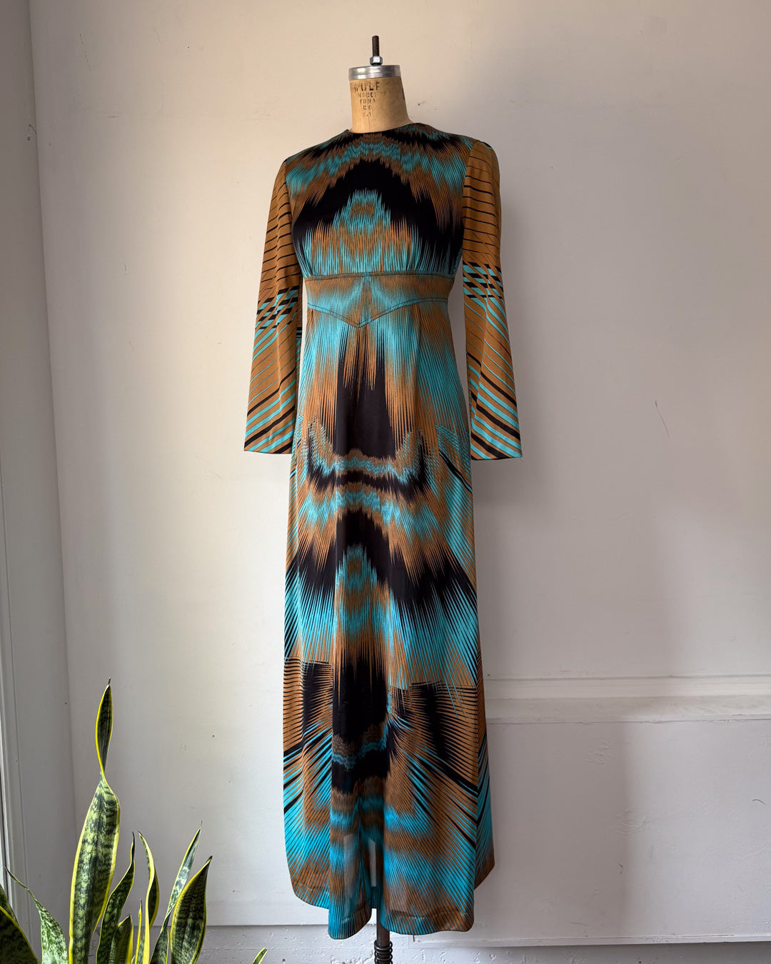 70s Optical Print Maxi Dress / S