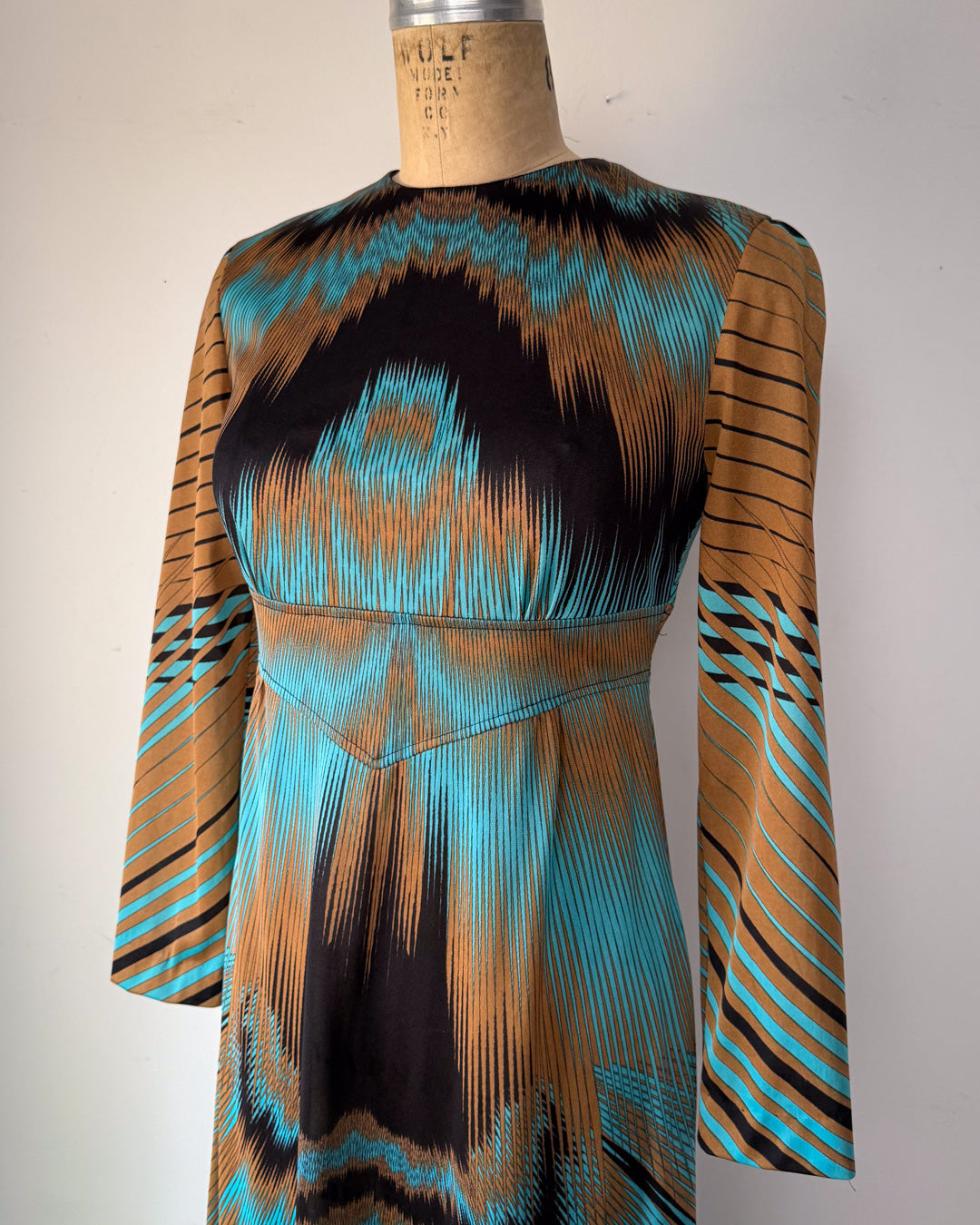 70s Optical Print Maxi Dress / S
