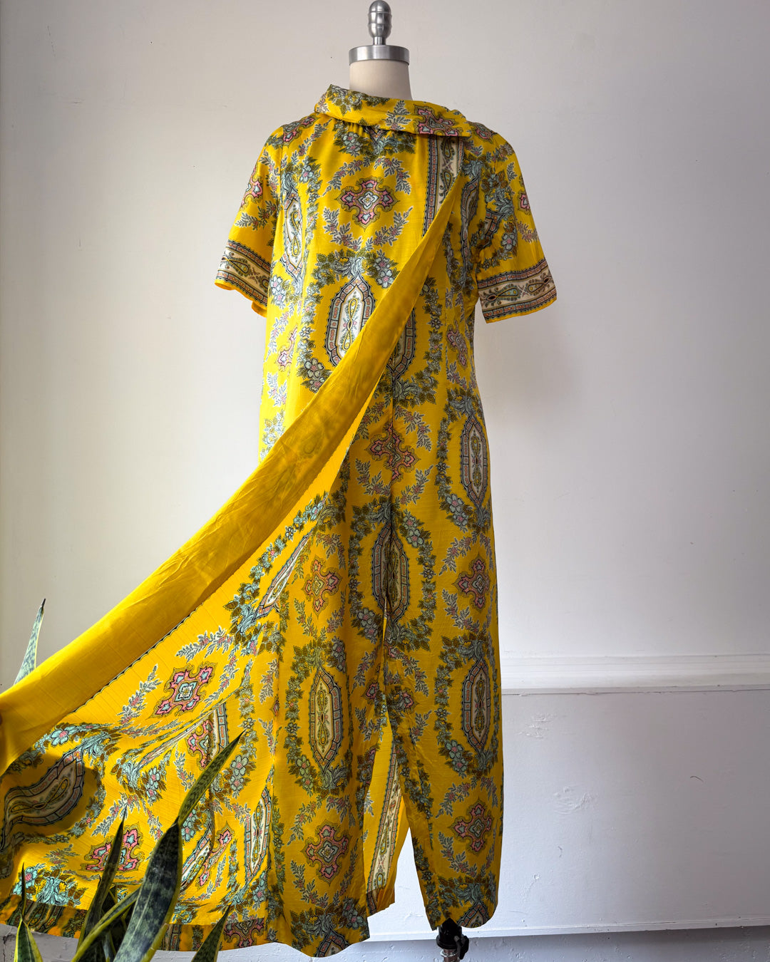 60s Printed Silk Dress Panel Jumpsuit / M