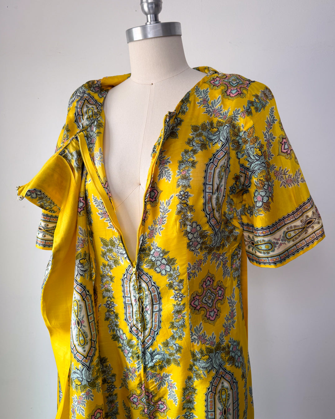 60s Printed Silk Dress Panel Jumpsuit / M