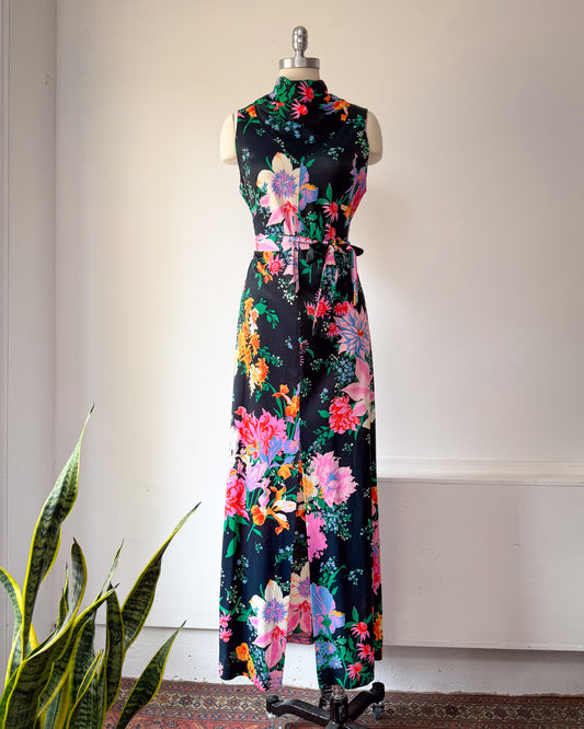 70s Bright Pastel Floral Maxi Dress / M