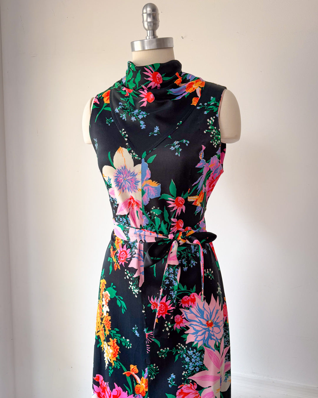 70s Bright Pastel Floral Maxi Dress / M