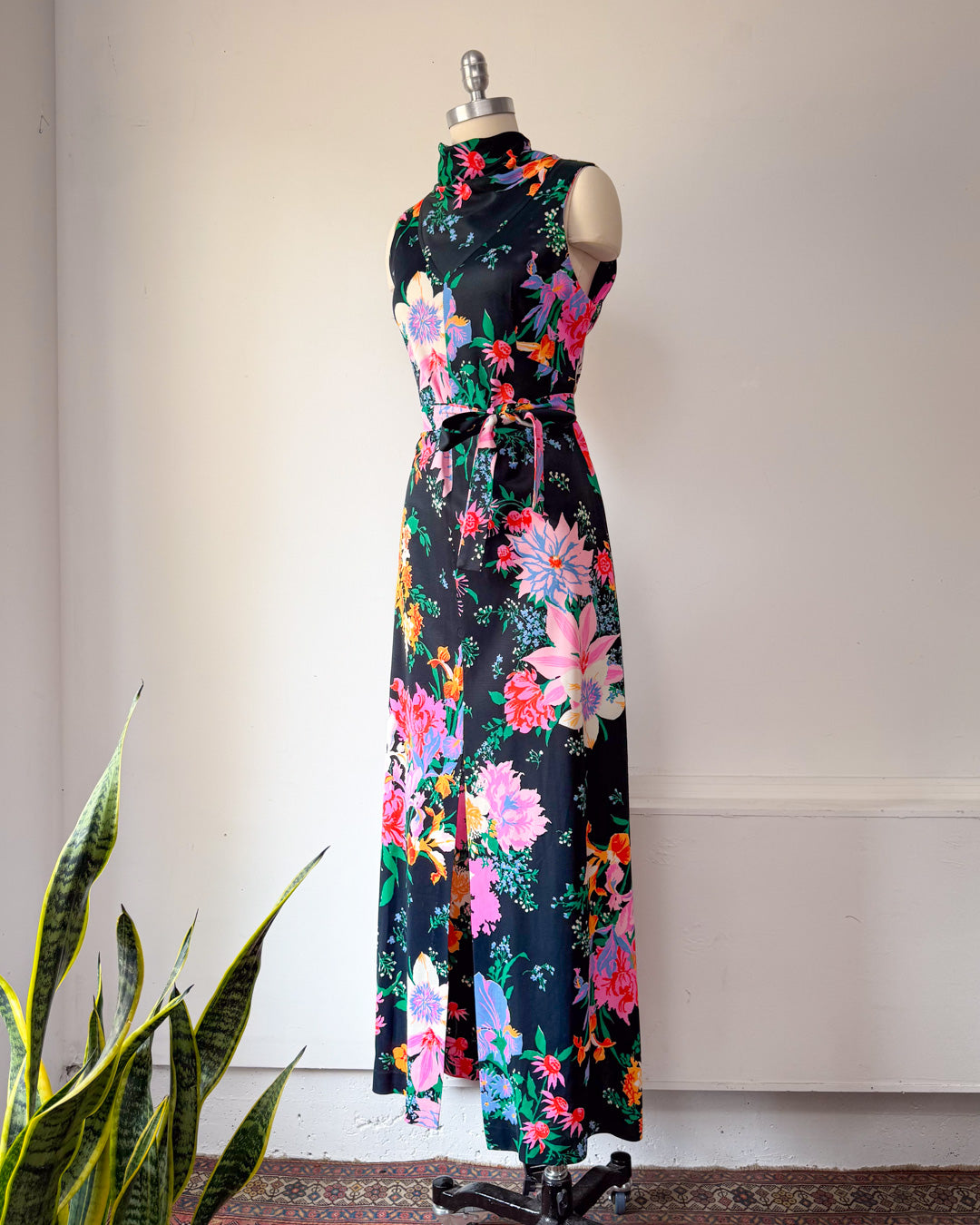70s Bright Pastel Floral Maxi Dress / M