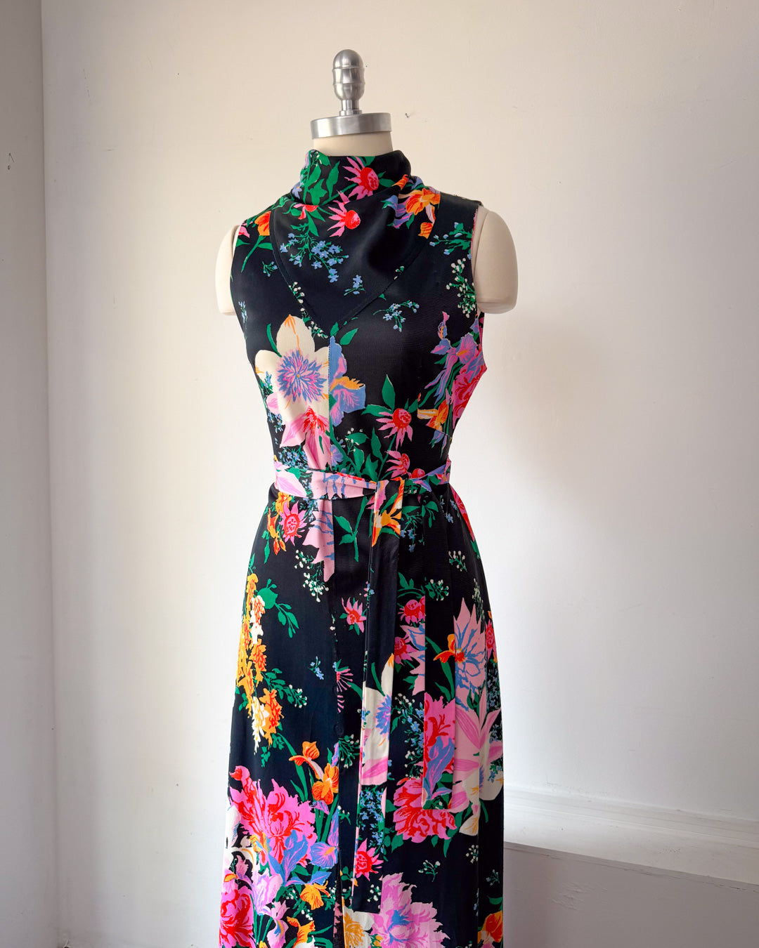 70s Bright Pastel Floral Maxi Dress / M
