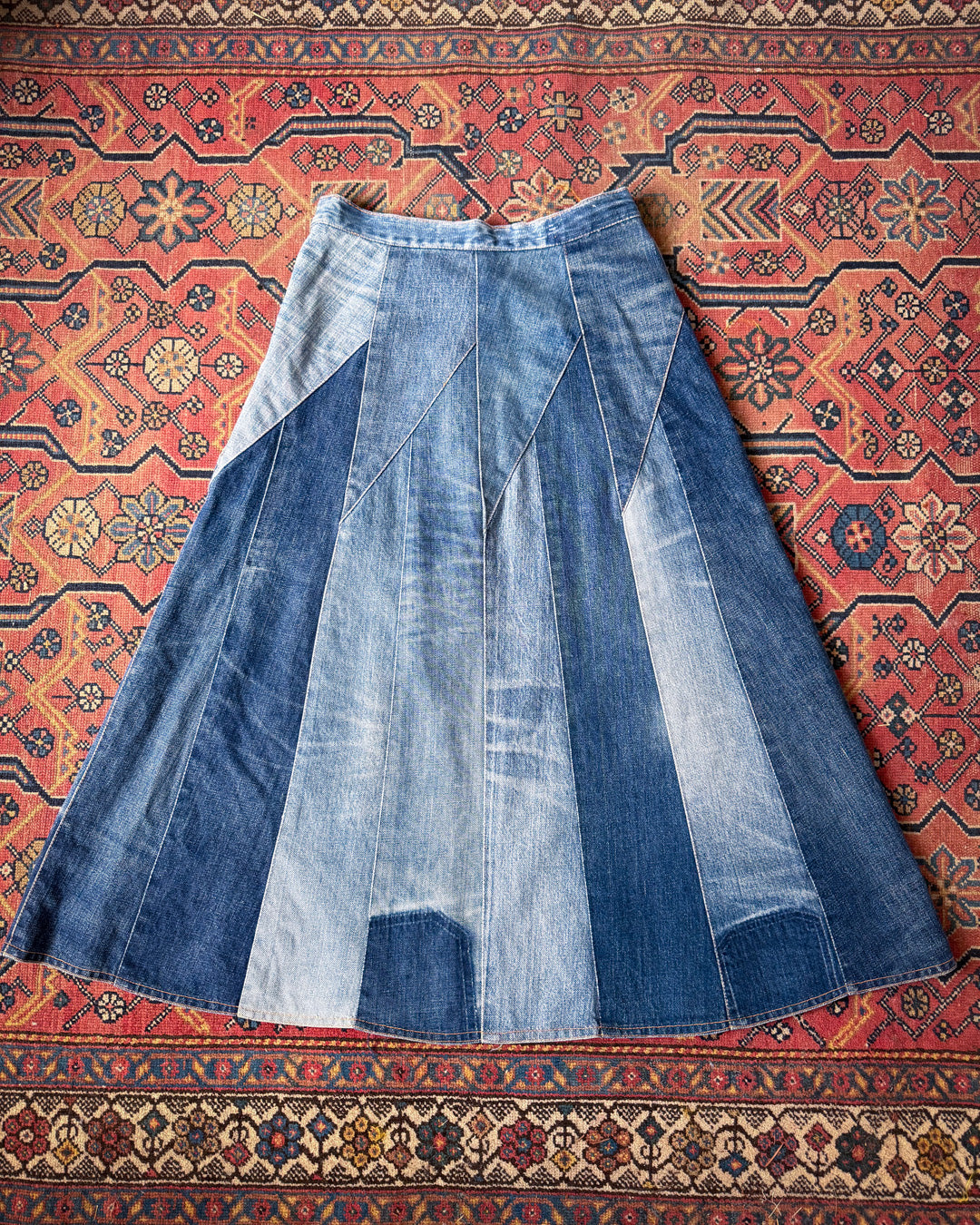 70s Patchwork Denim Midi Skirt / XS
