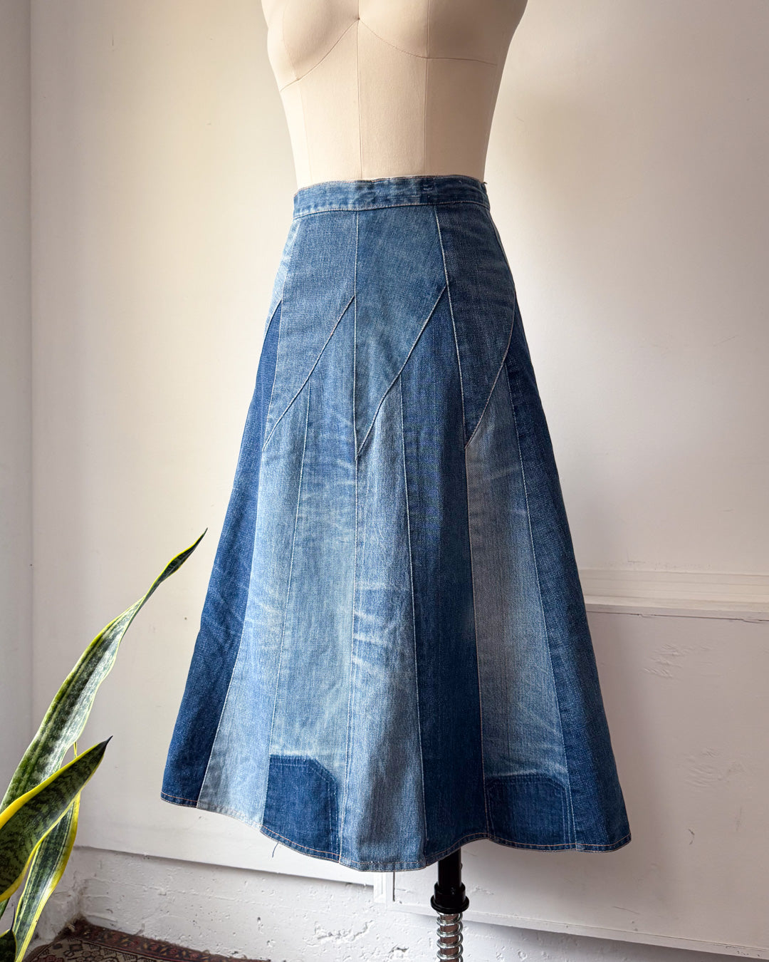 70s Patchwork Denim Midi Skirt / XS