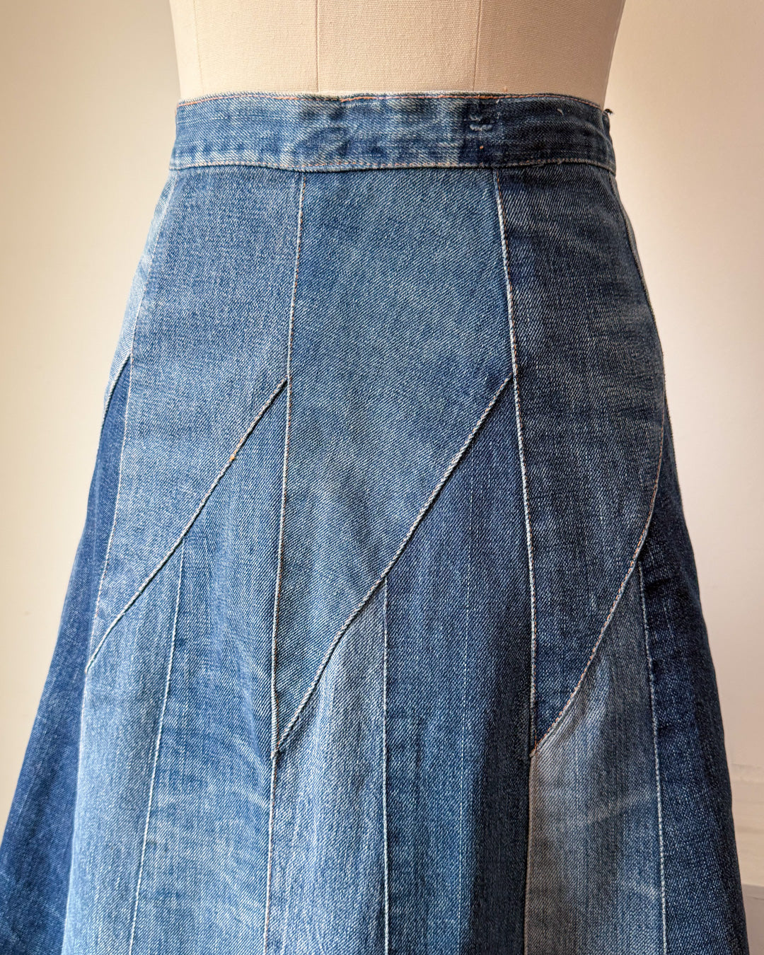 70s Patchwork Denim Midi Skirt / XS