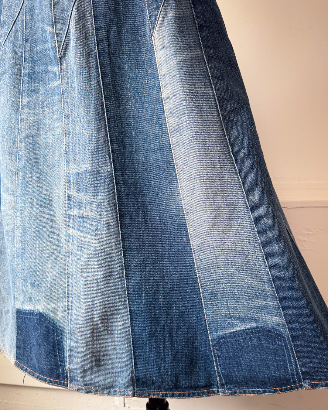 70s Patchwork Denim Midi Skirt / XS