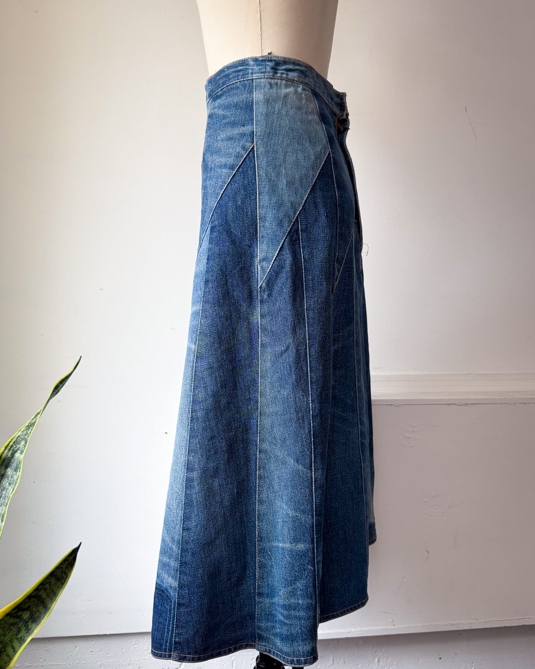 70s Patchwork Denim Midi Skirt / XS