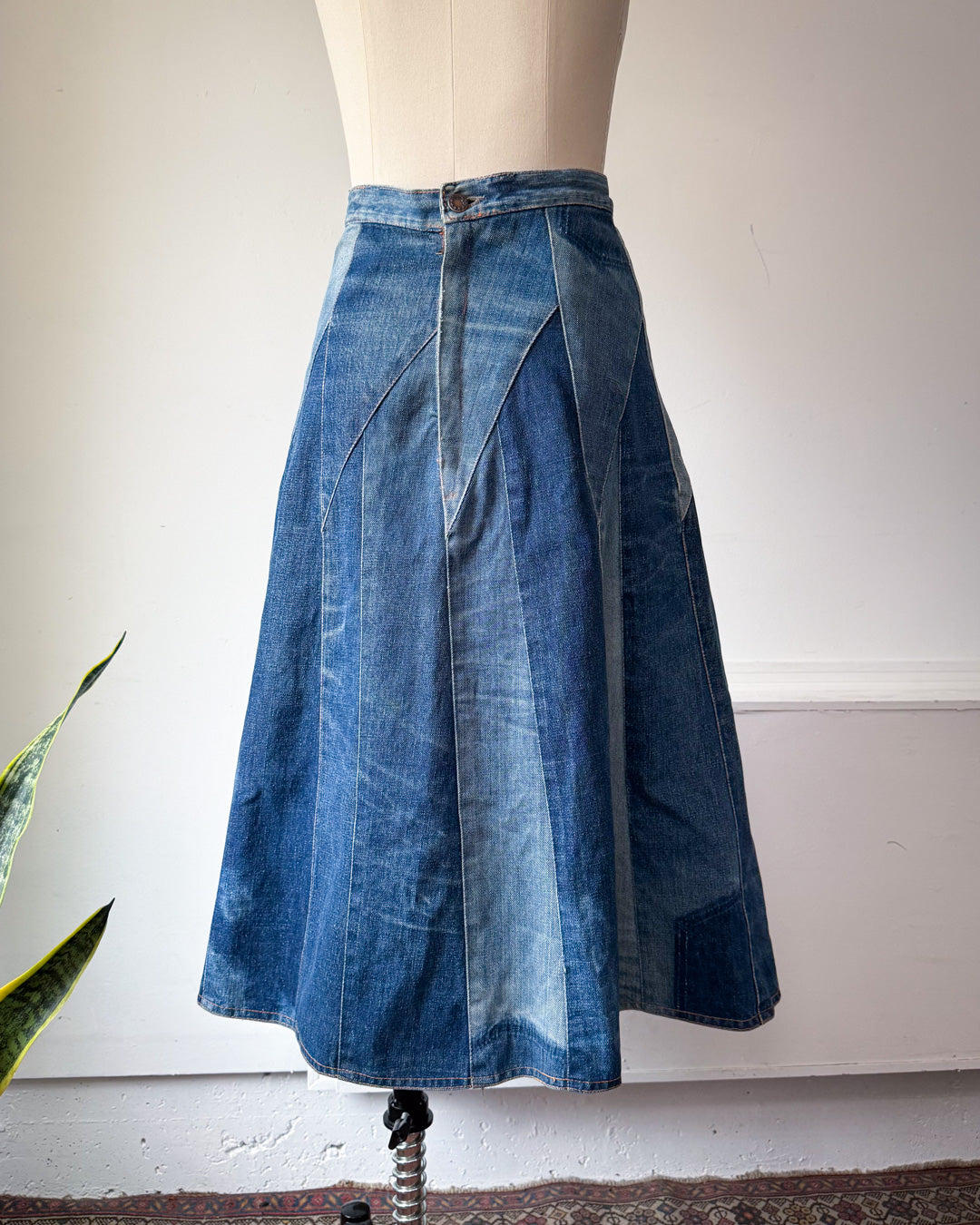 70s Patchwork Denim Midi Skirt / XS
