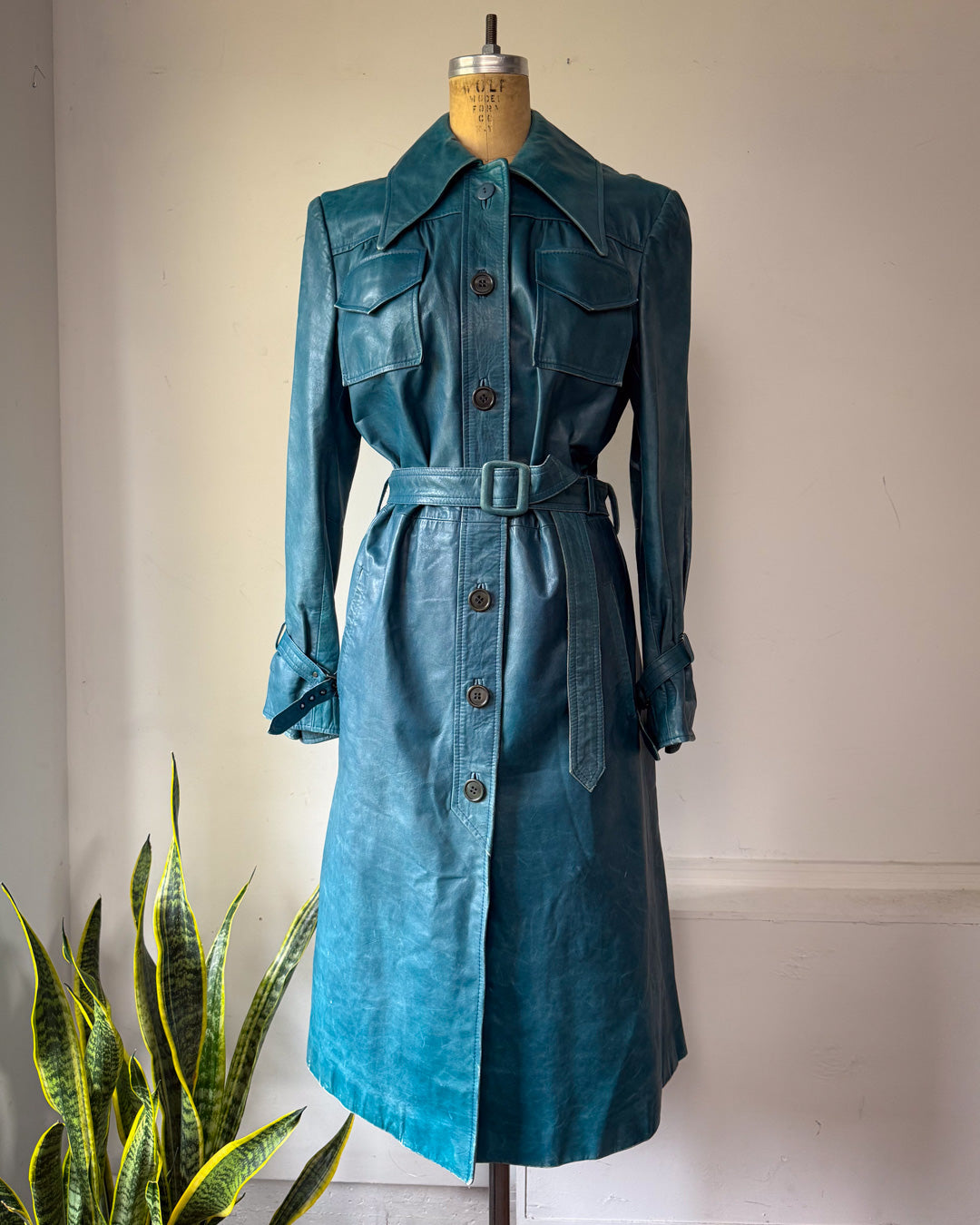 70s Peacock Blue Belted Leather Long Trench Coat / S