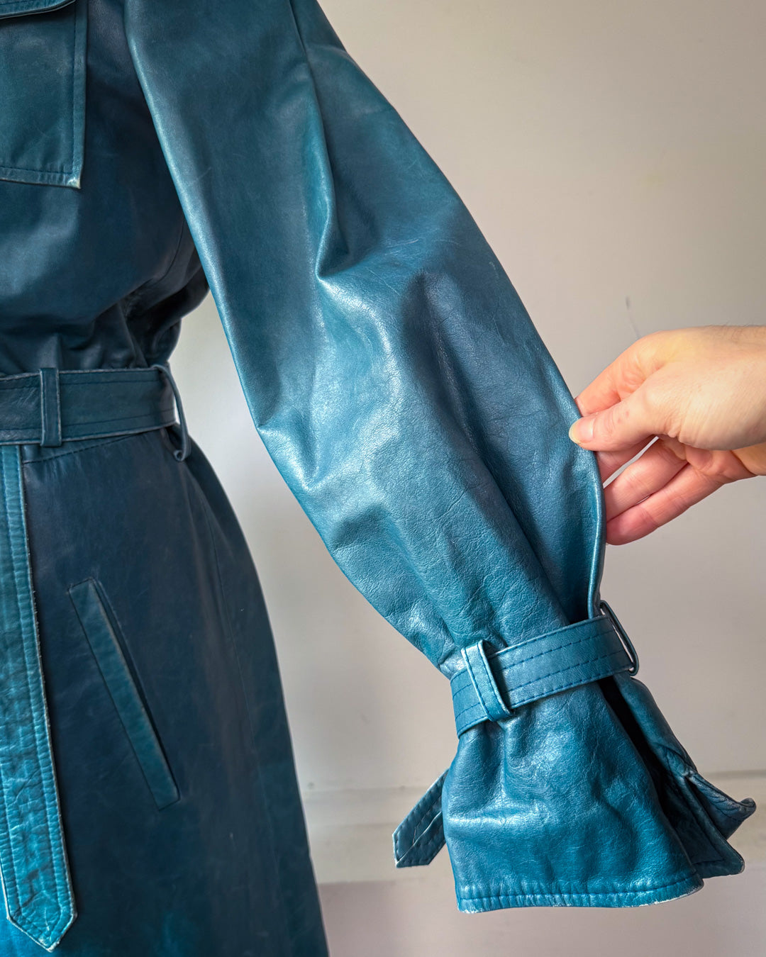 70s Peacock Blue Belted Leather Long Trench Coat / S