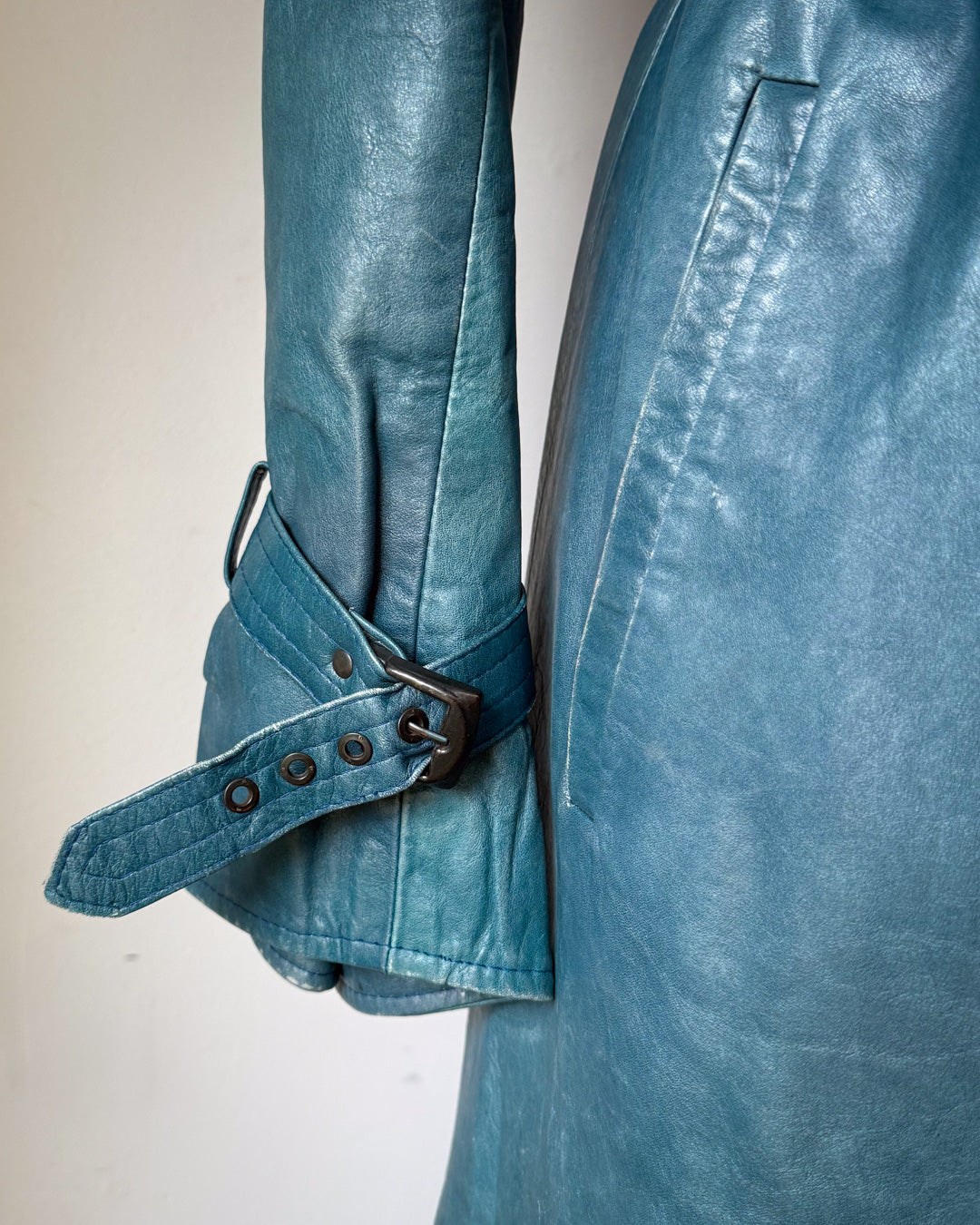 70s Peacock Blue Belted Leather Long Trench Coat / S