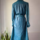 70s Peacock Blue Belted Leather Long Trench Coat / S