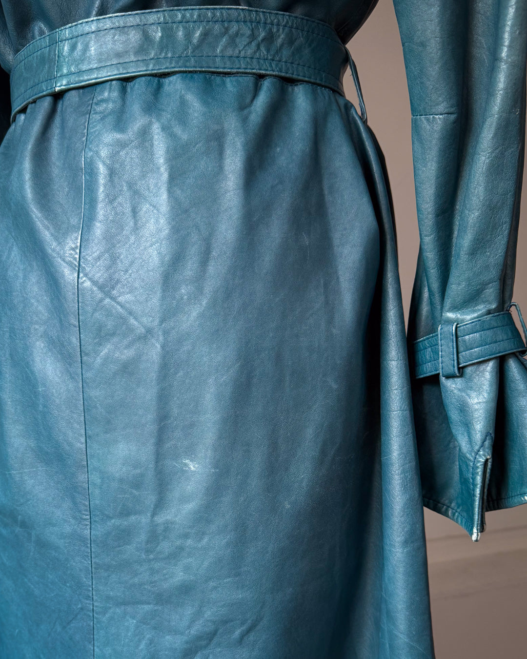 70s Peacock Blue Belted Leather Long Trench Coat / S