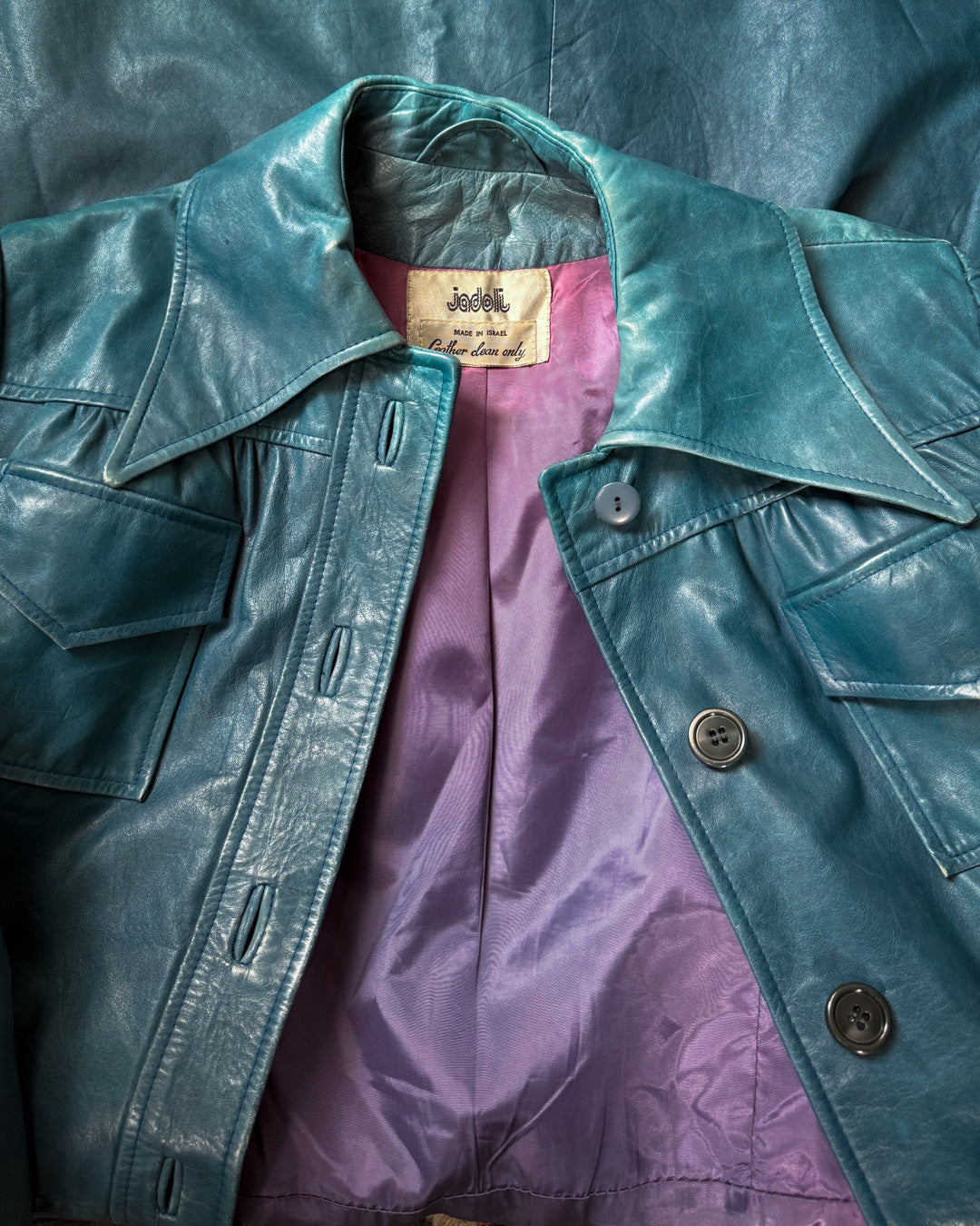 70s Peacock Blue Belted Leather Long Trench Coat / S