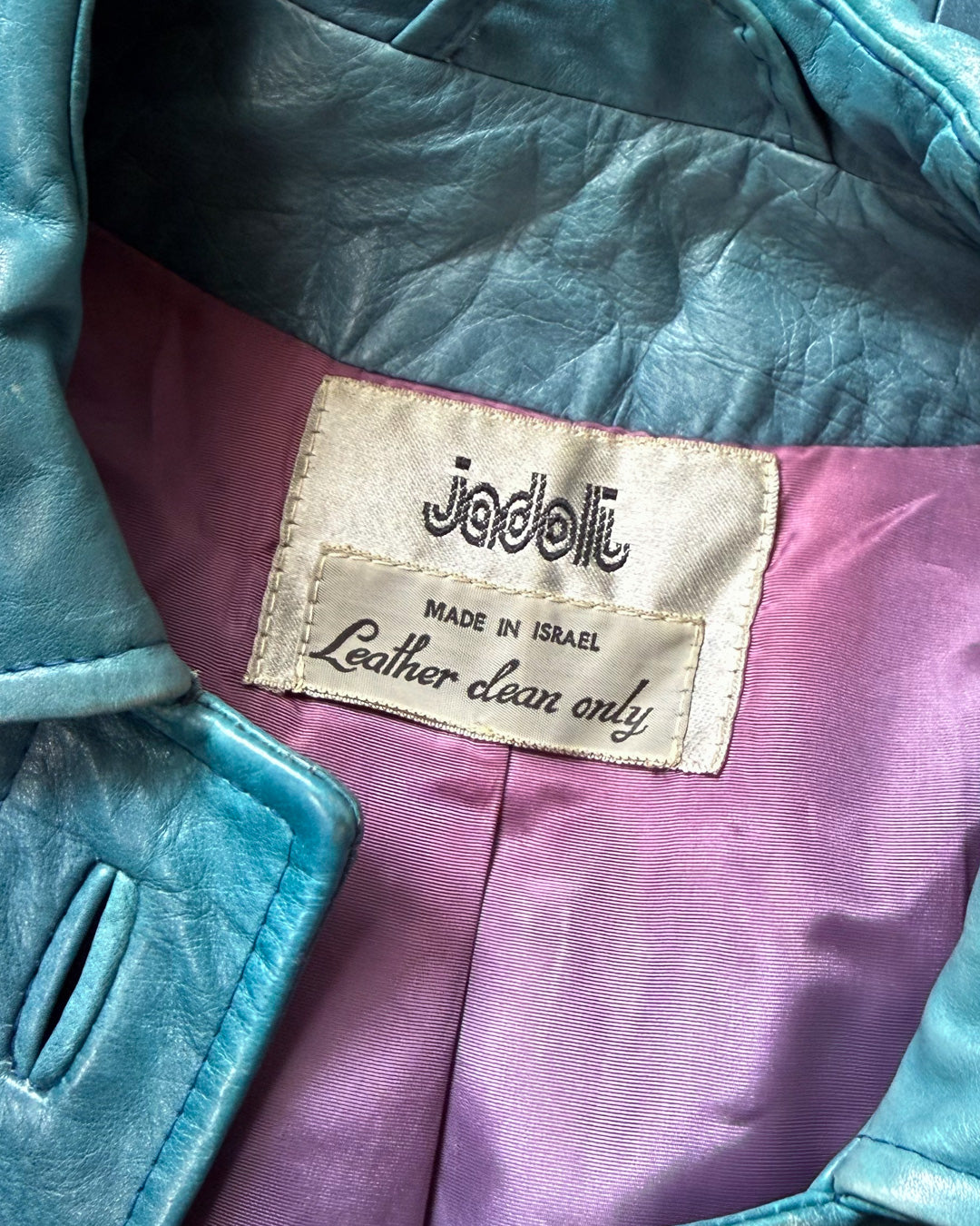 70s Peacock Blue Belted Leather Long Trench Coat / S