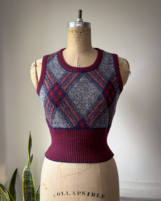 70s Red & Blue Plaid Pattern Cropped Sweater Vest Knit Top / S