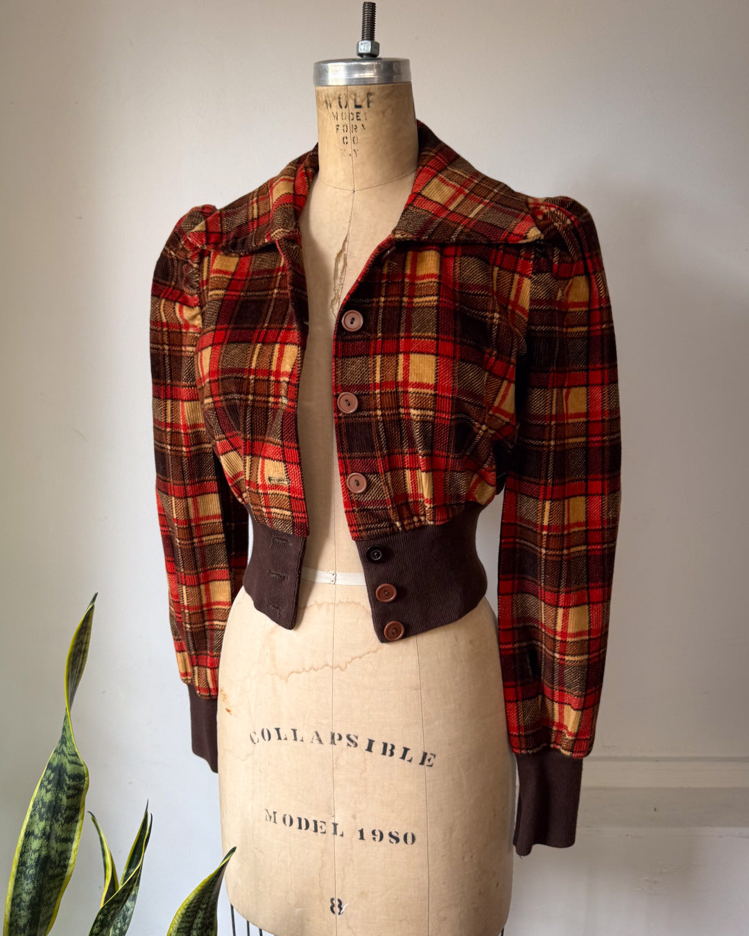 70s Puff Sleeve Plaid Corduroy Cropped Jacket / S