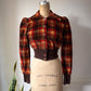 70s Puff Sleeve Plaid Corduroy Cropped Jacket / S