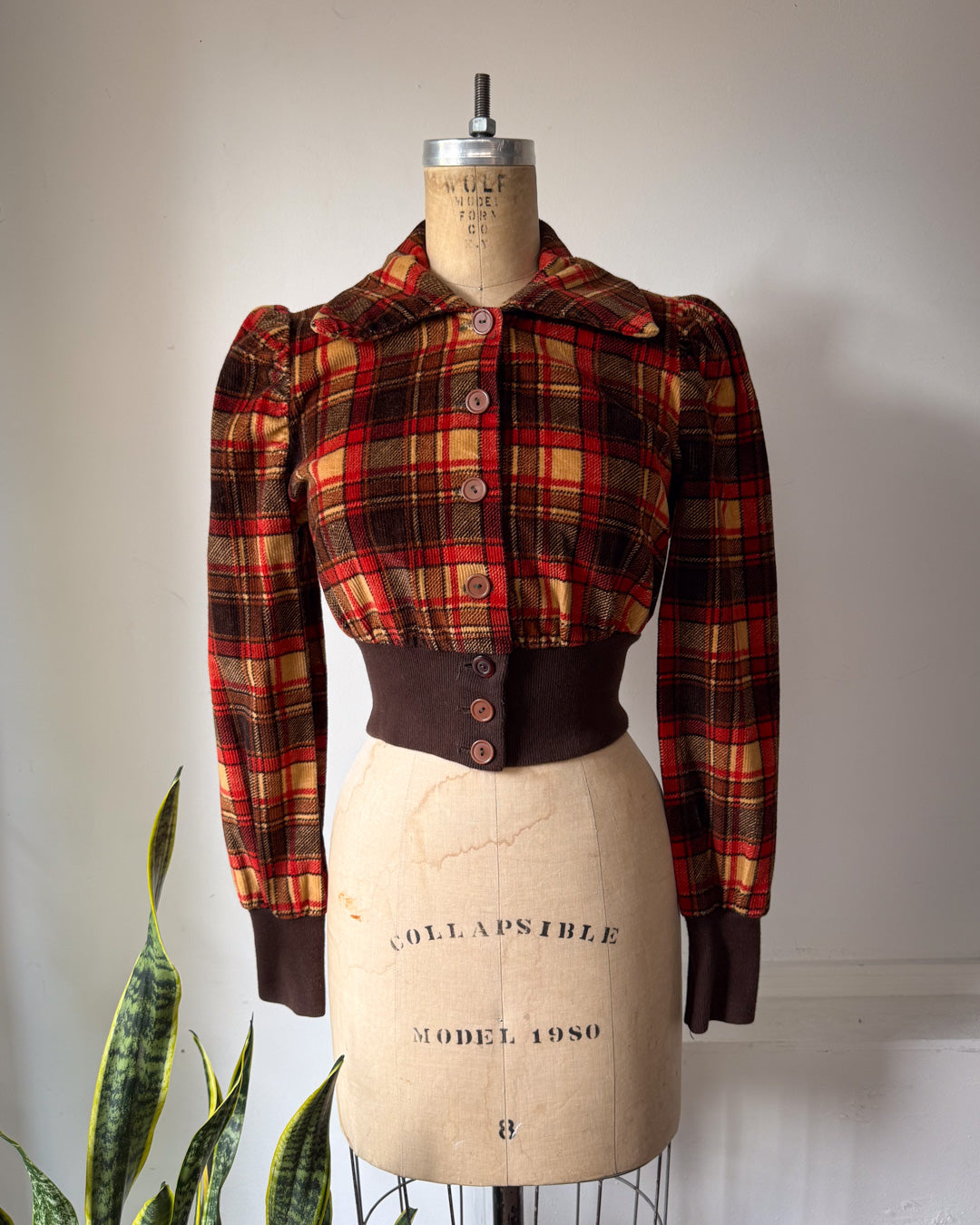 70s Puff Sleeve Plaid Corduroy Cropped Jacket / S