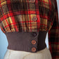 70s Puff Sleeve Plaid Corduroy Cropped Jacket / S
