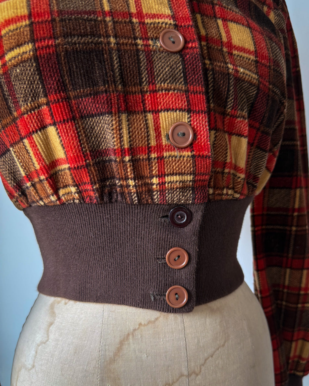 70s Puff Sleeve Plaid Corduroy Cropped Jacket / S