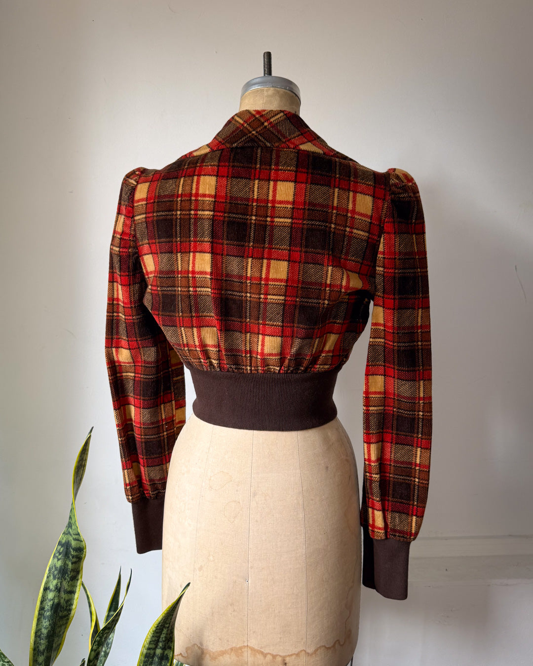 70s Puff Sleeve Plaid Corduroy Cropped Jacket / S