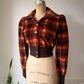 70s Puff Sleeve Plaid Corduroy Cropped Jacket / S