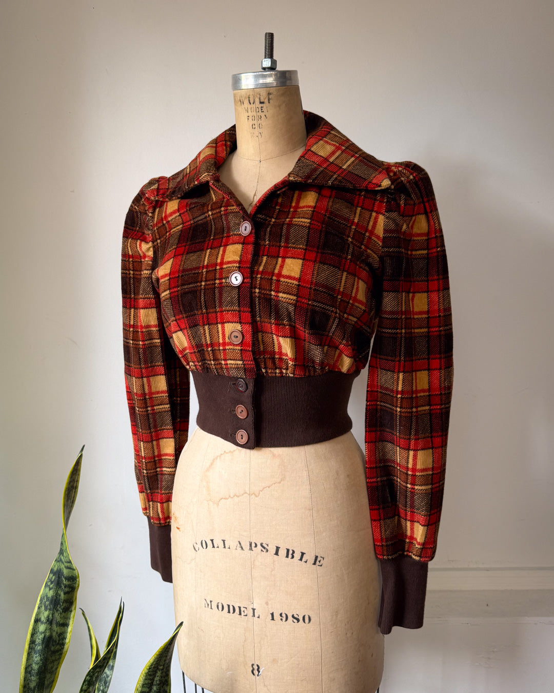 70s Puff Sleeve Plaid Corduroy Cropped Jacket / S