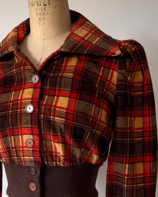 70s Puff Sleeve Plaid Corduroy Cropped Jacket / S