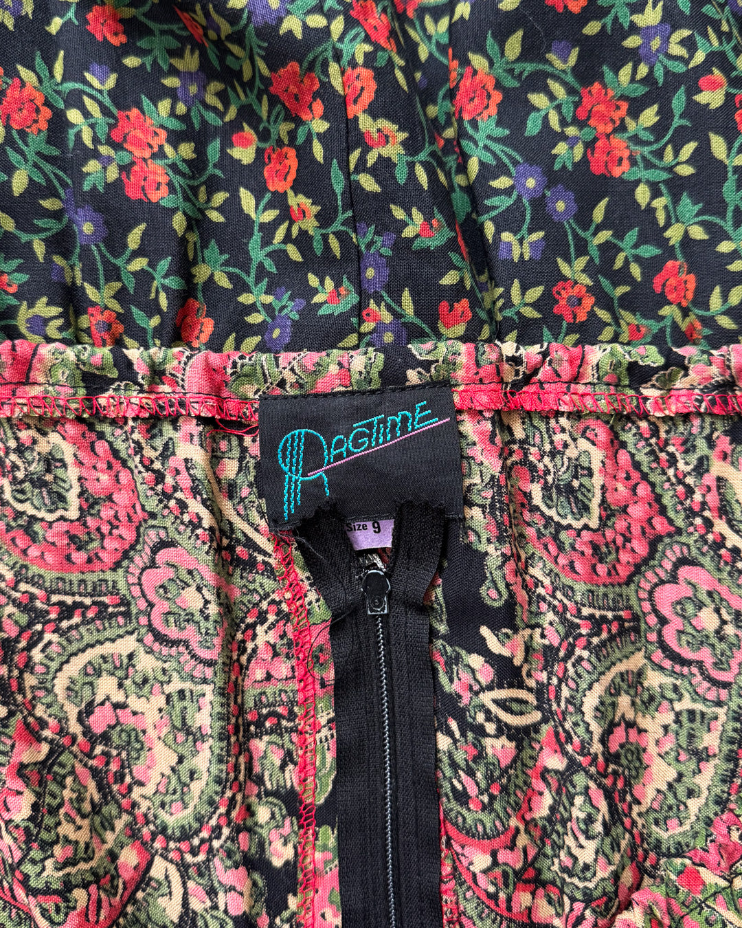 70s Floral Cotton Mixed Print Off-Shoulder Peasant Maxi Dress / M