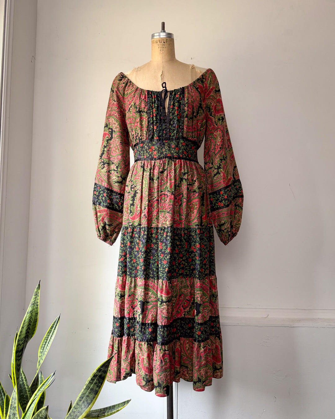70s Floral Cotton Mixed Print Off-Shoulder Peasant Maxi Dress / M