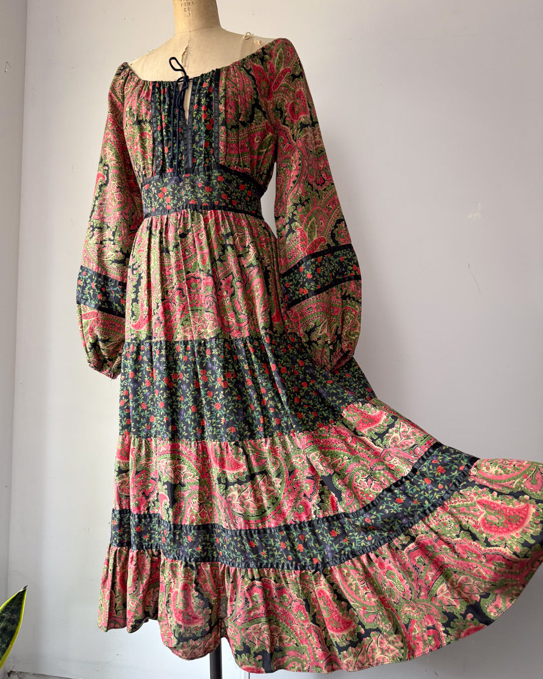70s Floral Cotton Mixed Print Off-Shoulder Peasant Maxi Dress / M