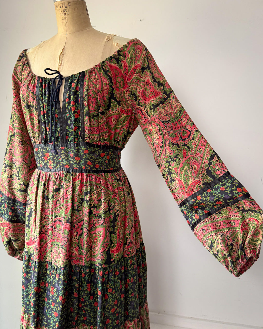 70s Floral Cotton Mixed Print Off-Shoulder Peasant Maxi Dress / M