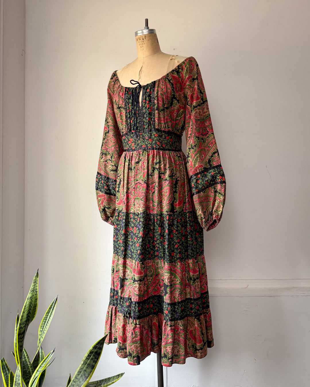 70s Floral Cotton Mixed Print Off-Shoulder Peasant Maxi Dress / M
