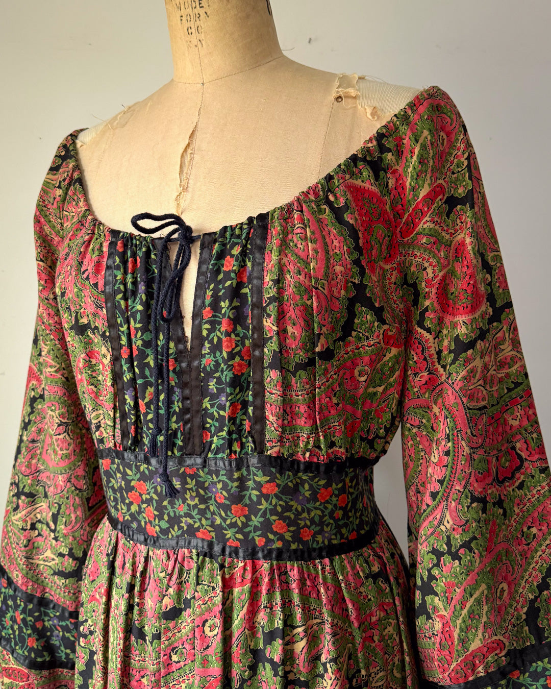 70s Floral Cotton Mixed Print Off-Shoulder Peasant Maxi Dress / M