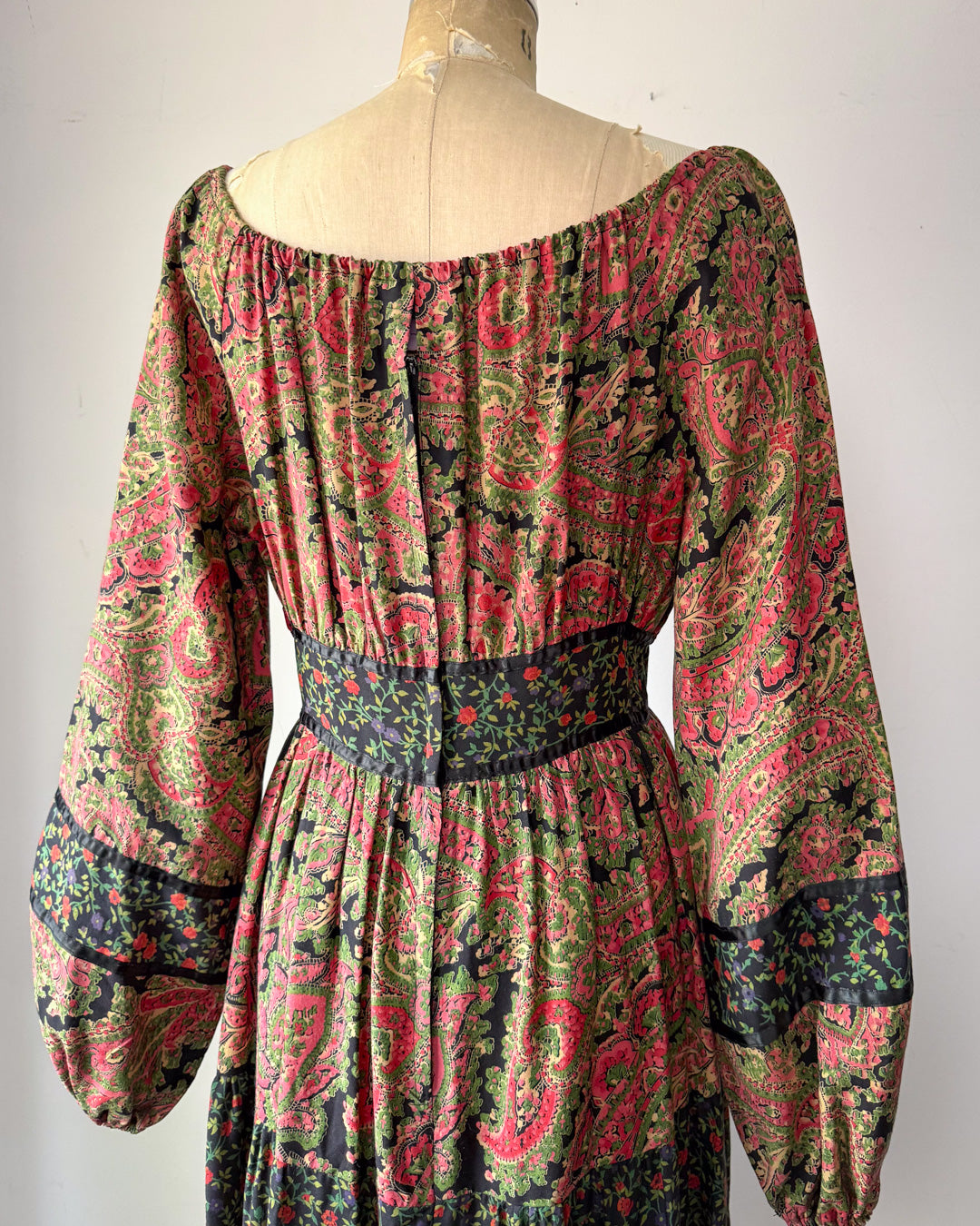 70s Floral Cotton Mixed Print Off-Shoulder Peasant Maxi Dress / M