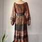 70s Floral Cotton Mixed Print Off-Shoulder Peasant Maxi Dress / M