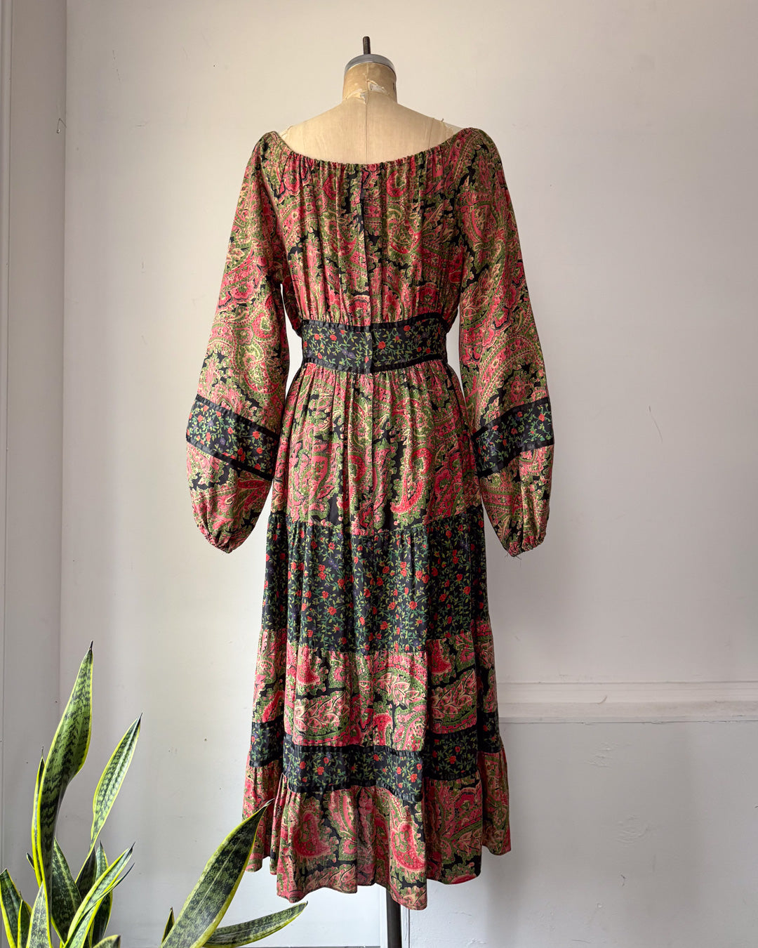 70s Floral Cotton Mixed Print Off-Shoulder Peasant Maxi Dress / M