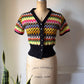 70s Rainbow Knit Cropped Cardigan Top / S