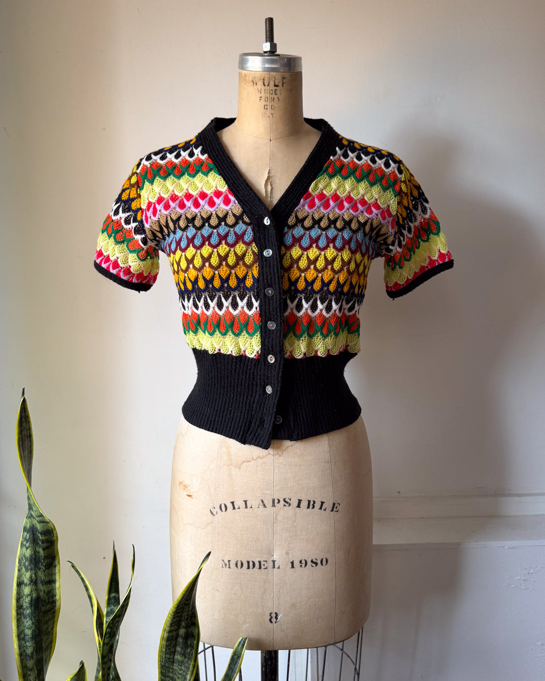 70s Rainbow Knit Cropped Cardigan Top / S