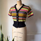 70s Rainbow Knit Cropped Cardigan Top / S