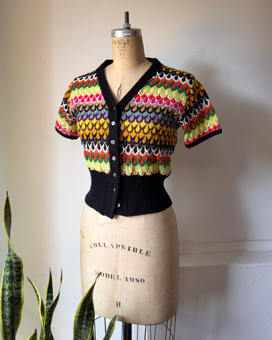70s Rainbow Knit Cropped Cardigan Top / S