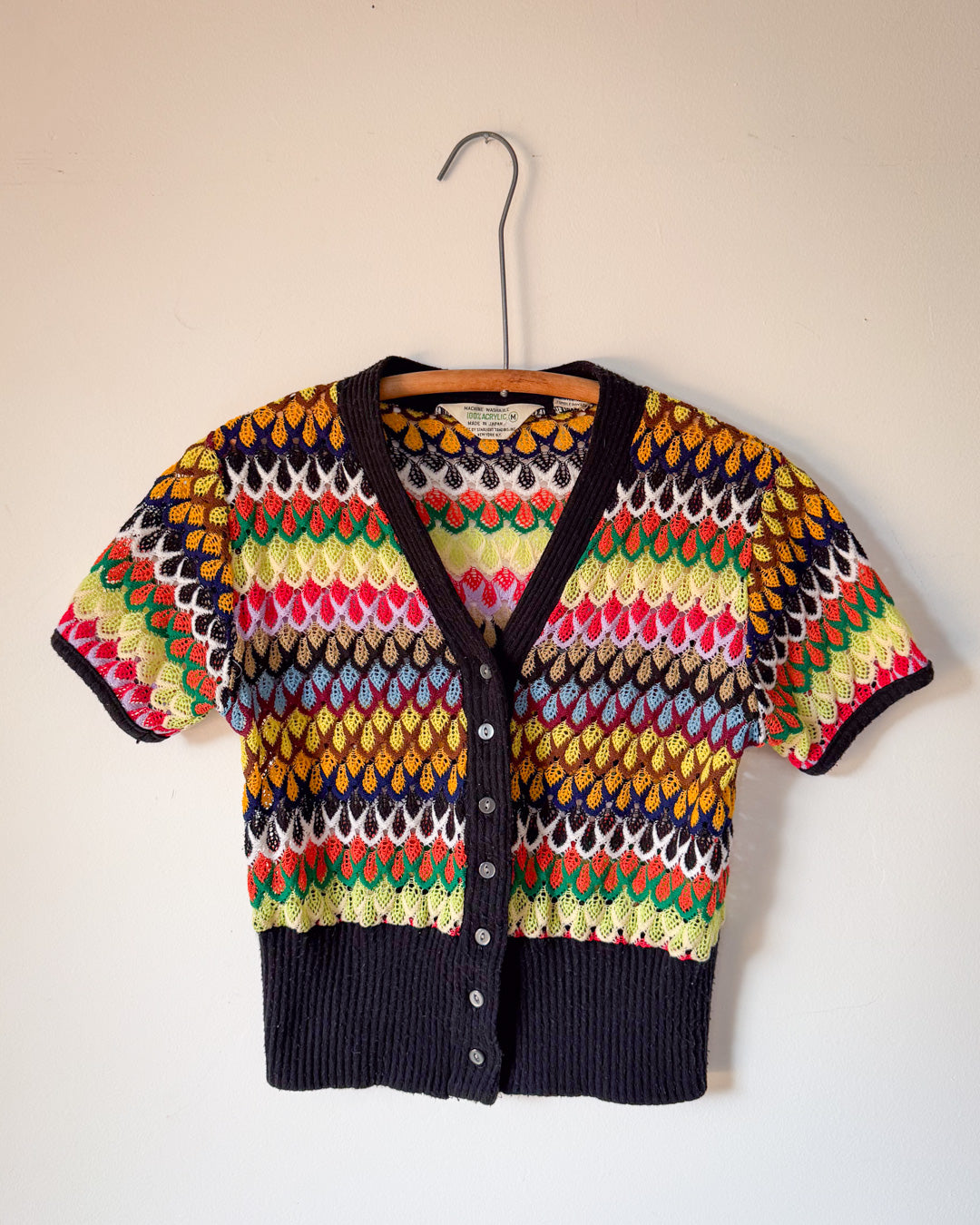 70s Rainbow Knit Cropped Cardigan Top / S