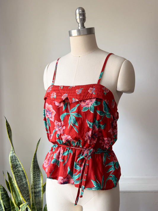 70s Red Floral Top / S