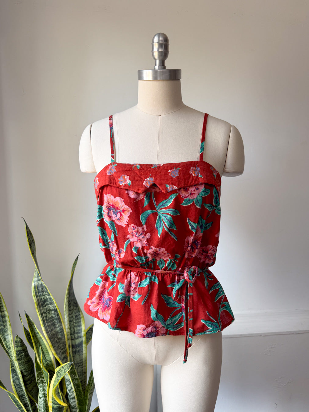70s Red Floral Top / S